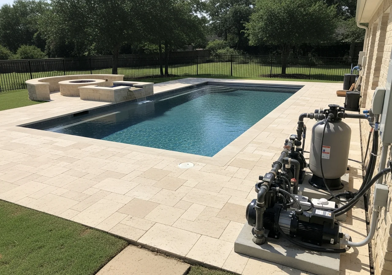 Outdoor construction crew with tools and equipment ready for pool and hardscape installation work.