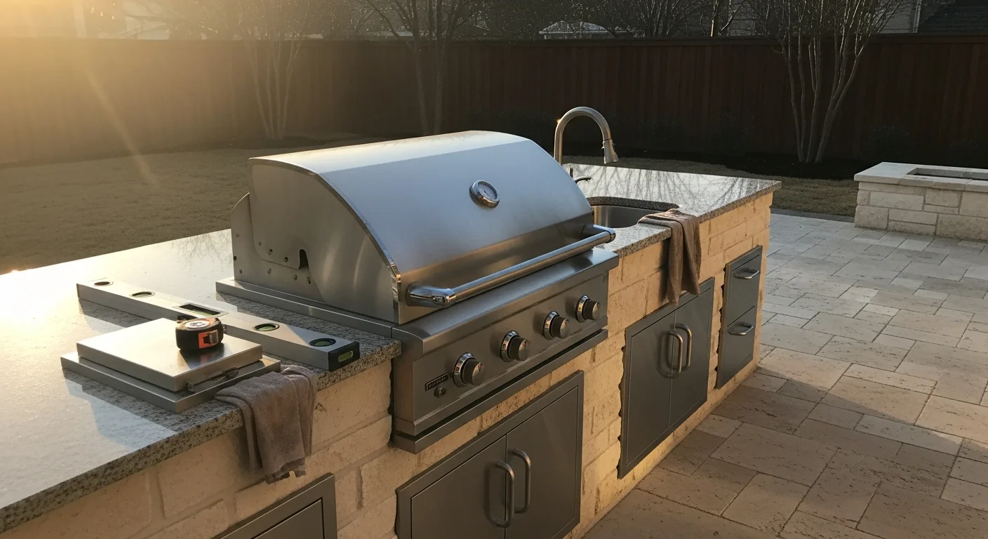 Custom outdoor kitchen with stone countertops in Dallas backyard