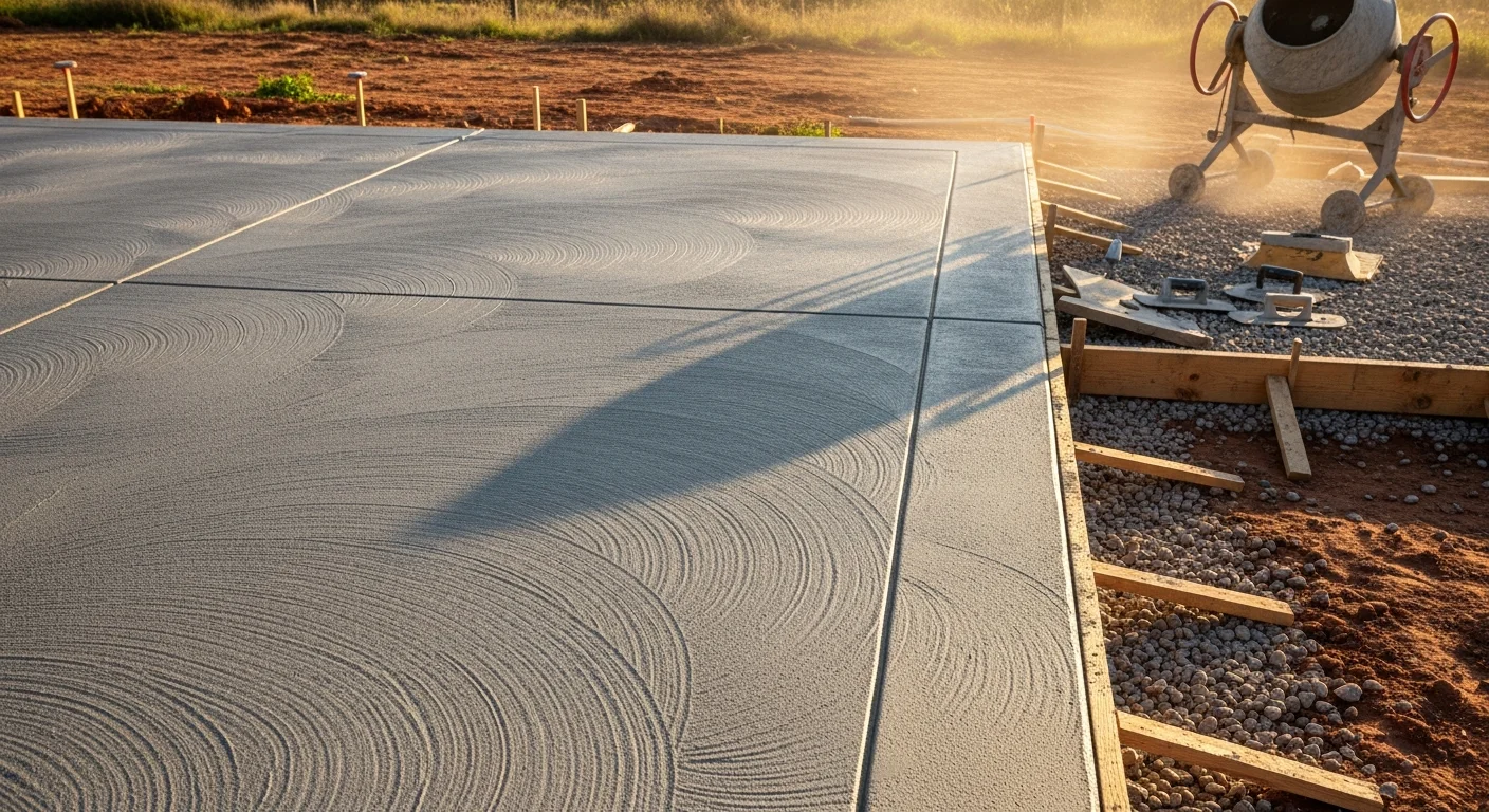 Freshly installed concrete driveway and walkway at a Dallas, TX residential property, showing clean edges, a smooth brushed finish, and proper slope away from the home. The hardscape work is set against a typical North Texas single-family home exterior.