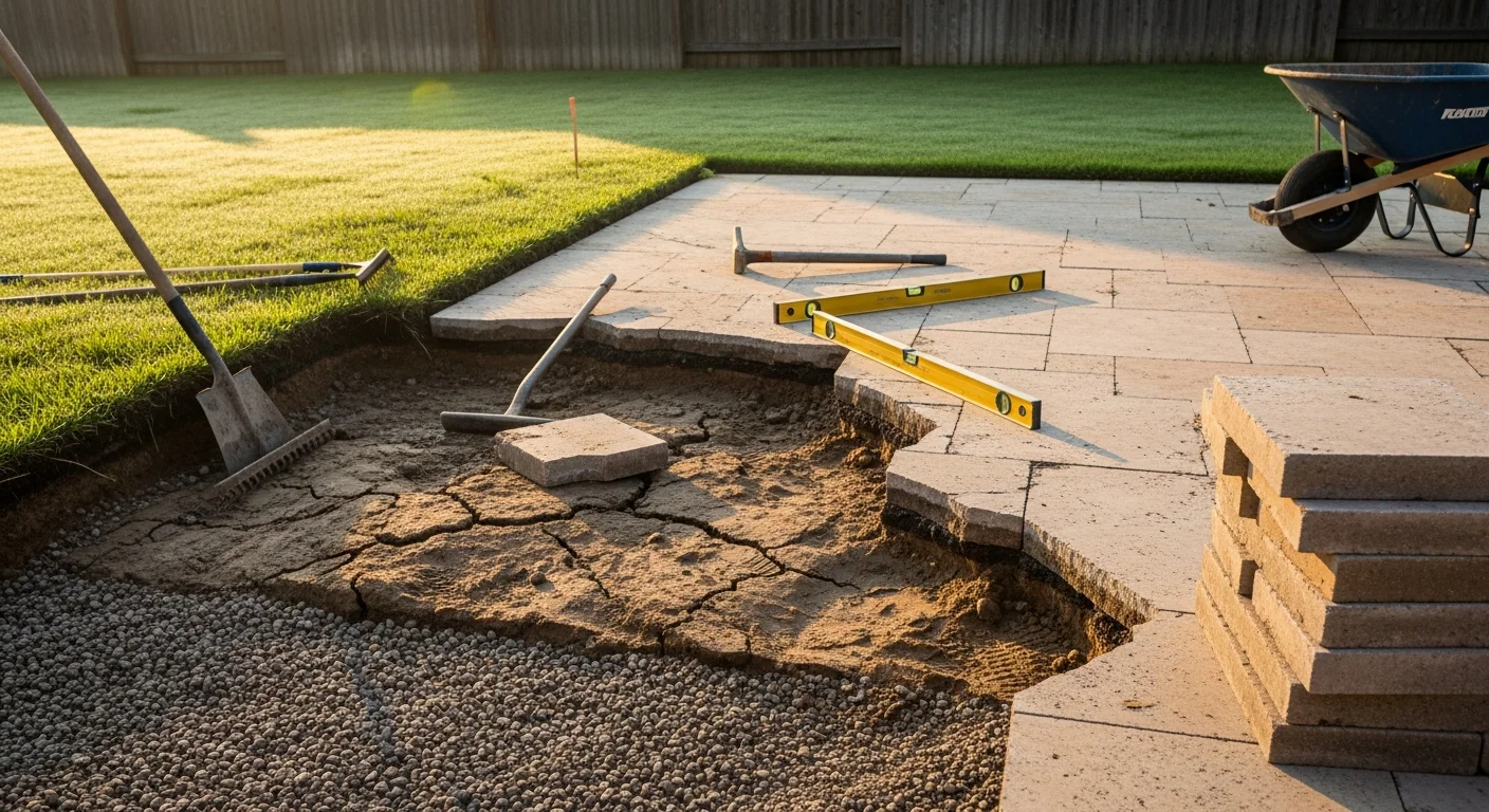 Repaired concrete paver patio in a Dallas backyard showing re-leveled surface and filled joints after clay soil movement damage. Close view of restored walkway edge alongside a residential outdoor living area in Dallas, TX.