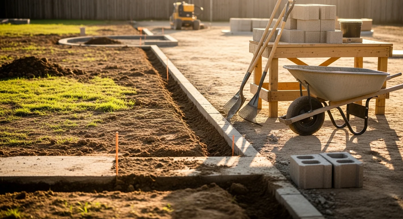 Completed landscape construction project at a Dallas, TX residential property showing a graded backyard with a stone patio, planted beds, and a retaining wall built to manage clay soil drainage. Warm-season turf and drought-tolerant plantings border the hardscape under a clear North Texas sky.