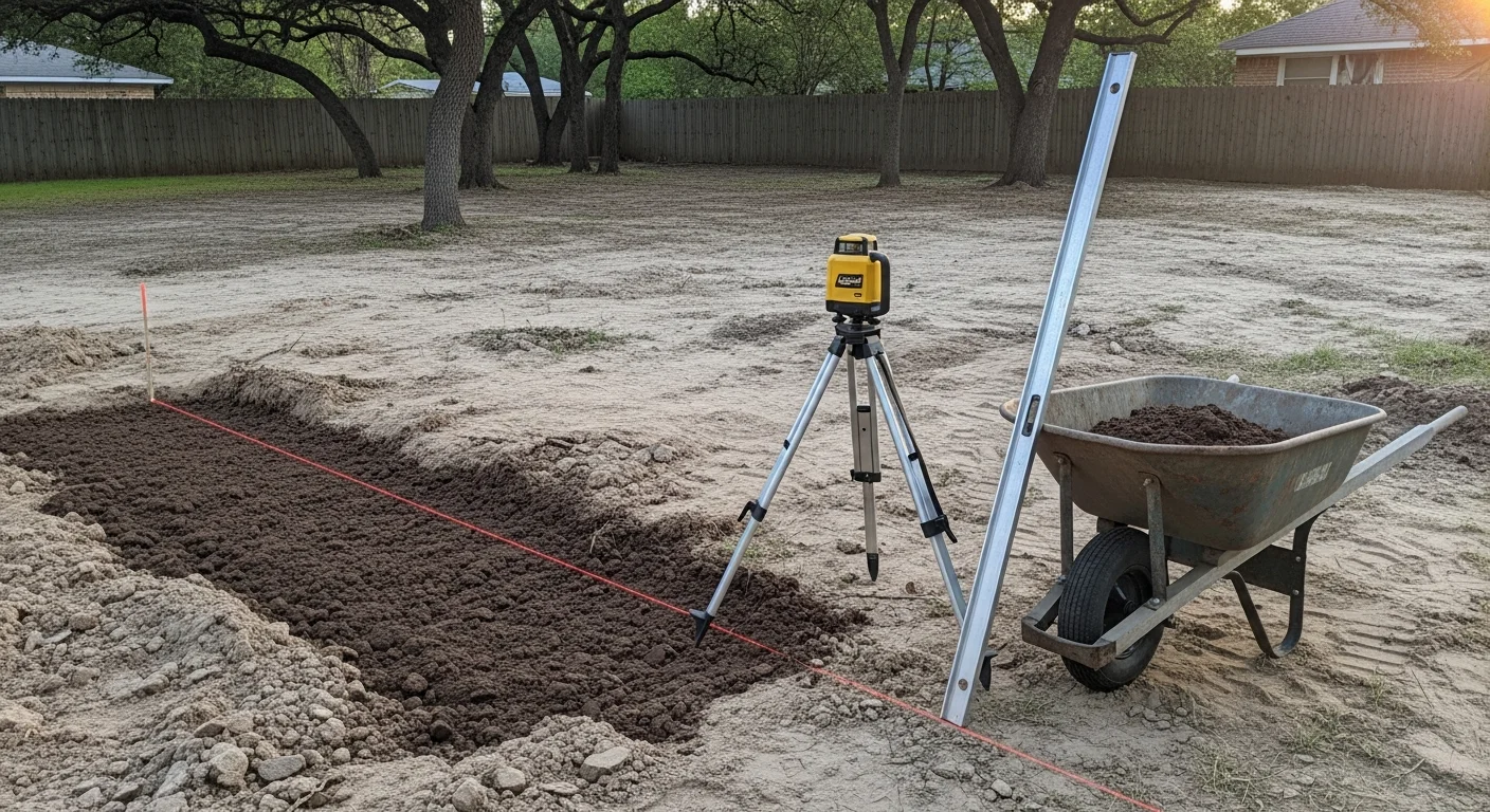 A Dallas, TX residential backyard after professional landscape grading, showing a smooth, evenly sloped lawn surface with water directed away from the home's foundation. The corrected grade runs toward a drainage swale along the property edge, with no visible pooling or low spots.