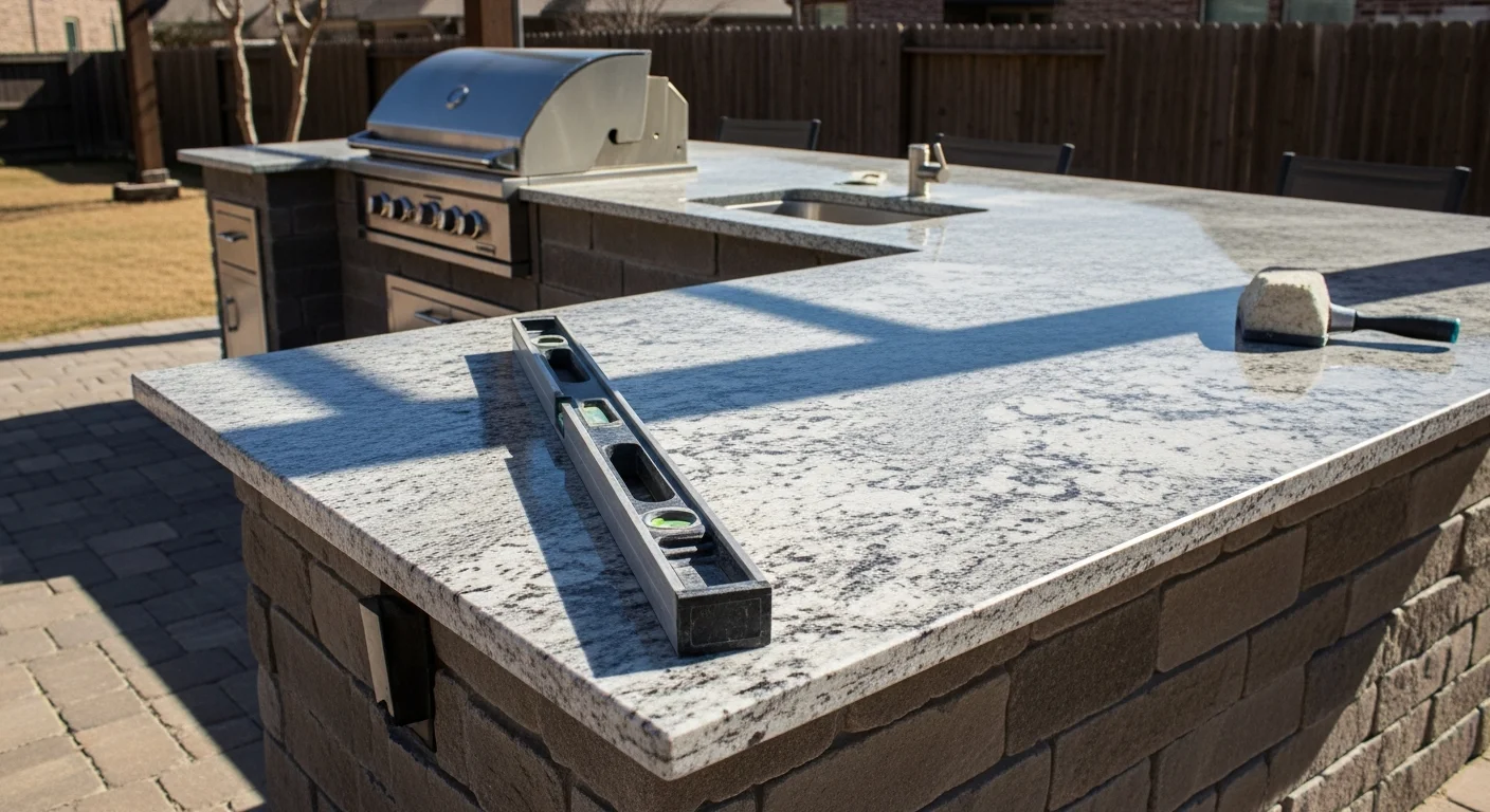 Finished outdoor kitchen countertop installation on a Dallas backyard grill island, showing a fitted stone surface with clean edges around a built-in grill cutout. The countertop extends across a full L-shaped outdoor kitchen structure on a concrete patio.