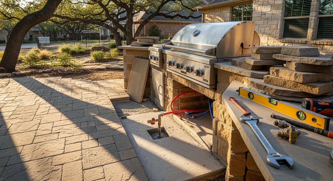 A completed built-in outdoor grill station installed in a Dallas backyard, featuring a stone masonry surround, stainless steel grill, and concrete countertop on a covered patio. The setup is part of a custom outdoor kitchen project by FamousTxpoolsandconstruction.