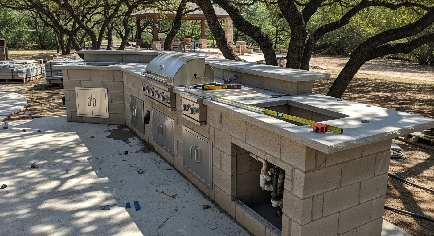 Custom outdoor kitchen built by FamousTxpoolsandconstruction in a Dallas, TX backyard, featuring a built-in grill station, stone countertops, and a covered pergola structure adjacent to a pool deck. The design shows defined cooking and prep zones with weather-resistant finishes suited to the North Texas climate.