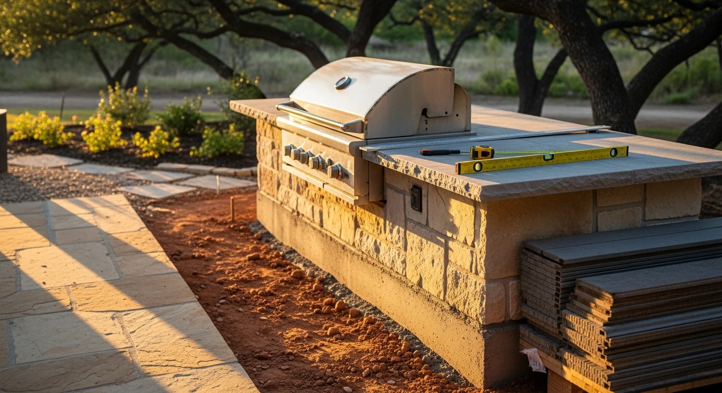 A completed custom outdoor kitchen installation in a Dallas, TX backyard, featuring a built-in grill station, stone countertops, and a covered patio structure. The setup is positioned adjacent to a pool with a stable paved surface and shade overhead.