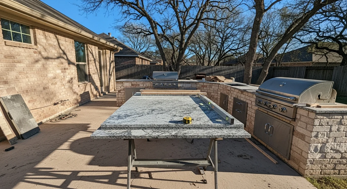 A finished custom outdoor kitchen built by FamousTxpoolsandconstruction on a Dallas, TX residential patio, featuring a built-in cooking station, stone countertops, and weather-resistant cabinetry under a covered structure.
