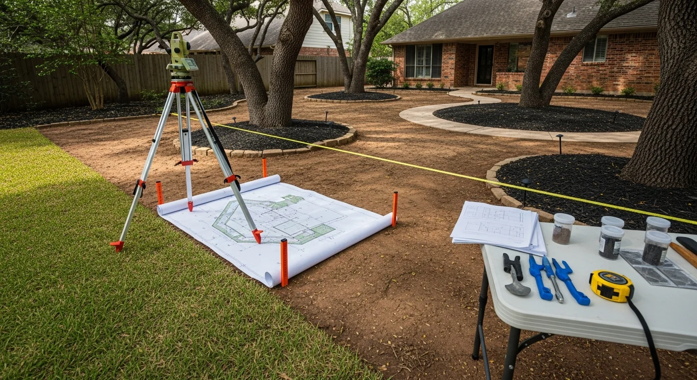A planned Dallas backyard showing a pool surround, defined patio zone, and shade structure on a residential property. The layout reflects coordinated hardscape and planting areas designed for North Texas heat and clay soil conditions.