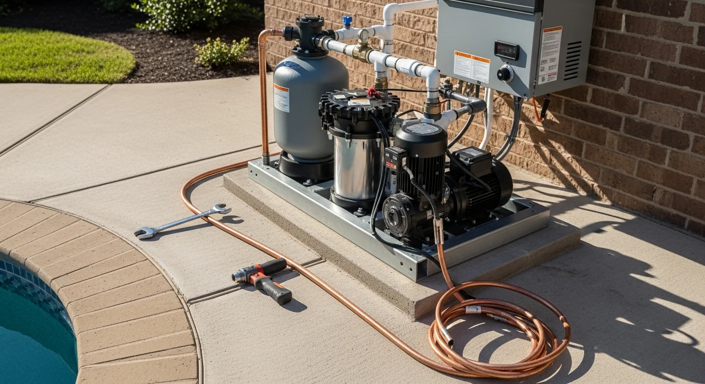 A newly installed residential pool equipment pad in a Dallas, TX backyard, showing a pump, filter, and heater connected with clean plumbing lines. The setup is positioned on a concrete equipment pad beside an inground pool under a clear Texas sky.