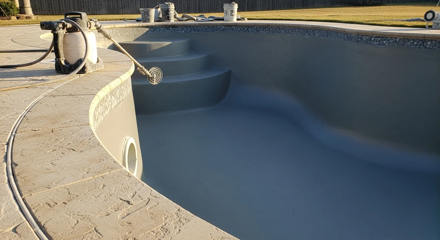 A freshly resurfaced inground concrete pool in a Dallas, TX backyard showing a smooth, clean interior finish with clear blue water. The pool shell displays no visible staining, cracks, or rough texture after professional resurfacing by FamousTxpoolsandconstruction.