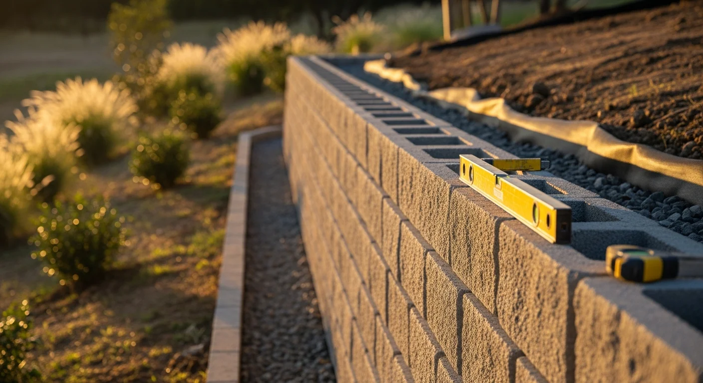 A finished stone retaining wall built by FamousTxpoolsandconstruction on a sloped residential backyard in Dallas, TX, with clean horizontal courses and a level lawn area above. The wall shows structured drainage grading and complements the surrounding hardscape.