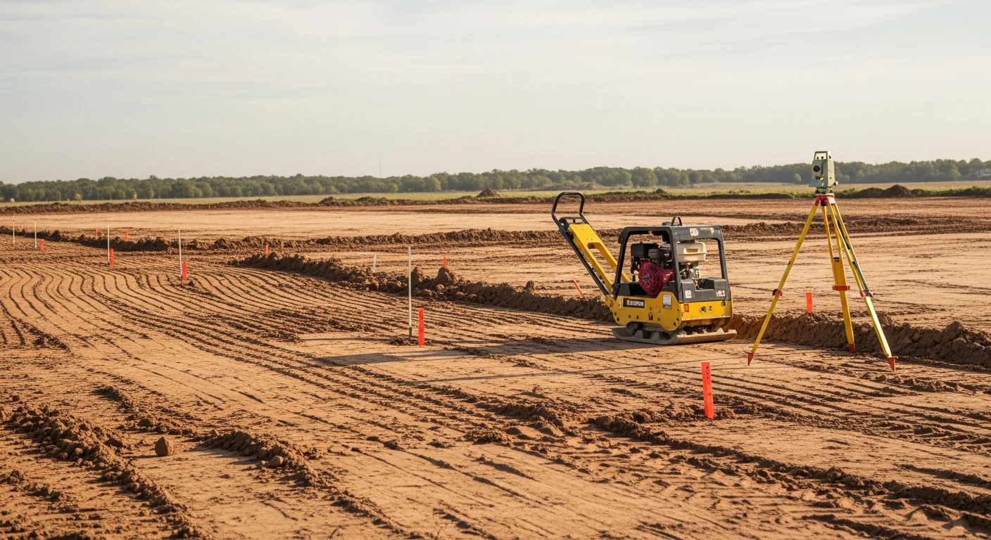 A Dallas residential lot cleared of brush and debris with freshly graded soil compacted and leveled for construction. Heavy equipment tracks visible across the clay soil surface as the site is shaped for a new build.