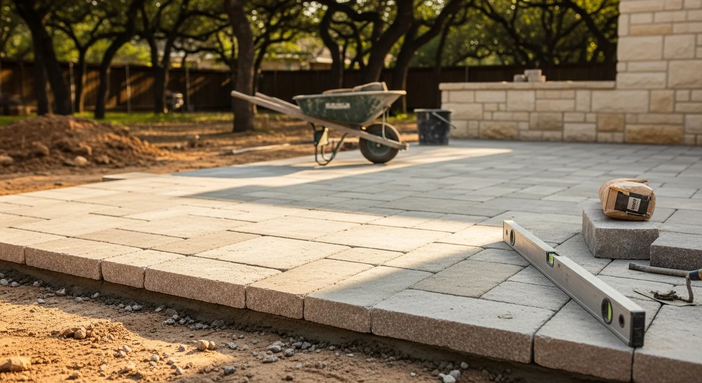 Completed natural stone retaining wall and patio hardscape installed by FamousTxpoolsandconstruction in a Dallas backyard. Tightly set stone courses with clean mortar joints border a level outdoor living area adjacent to a residential pool.