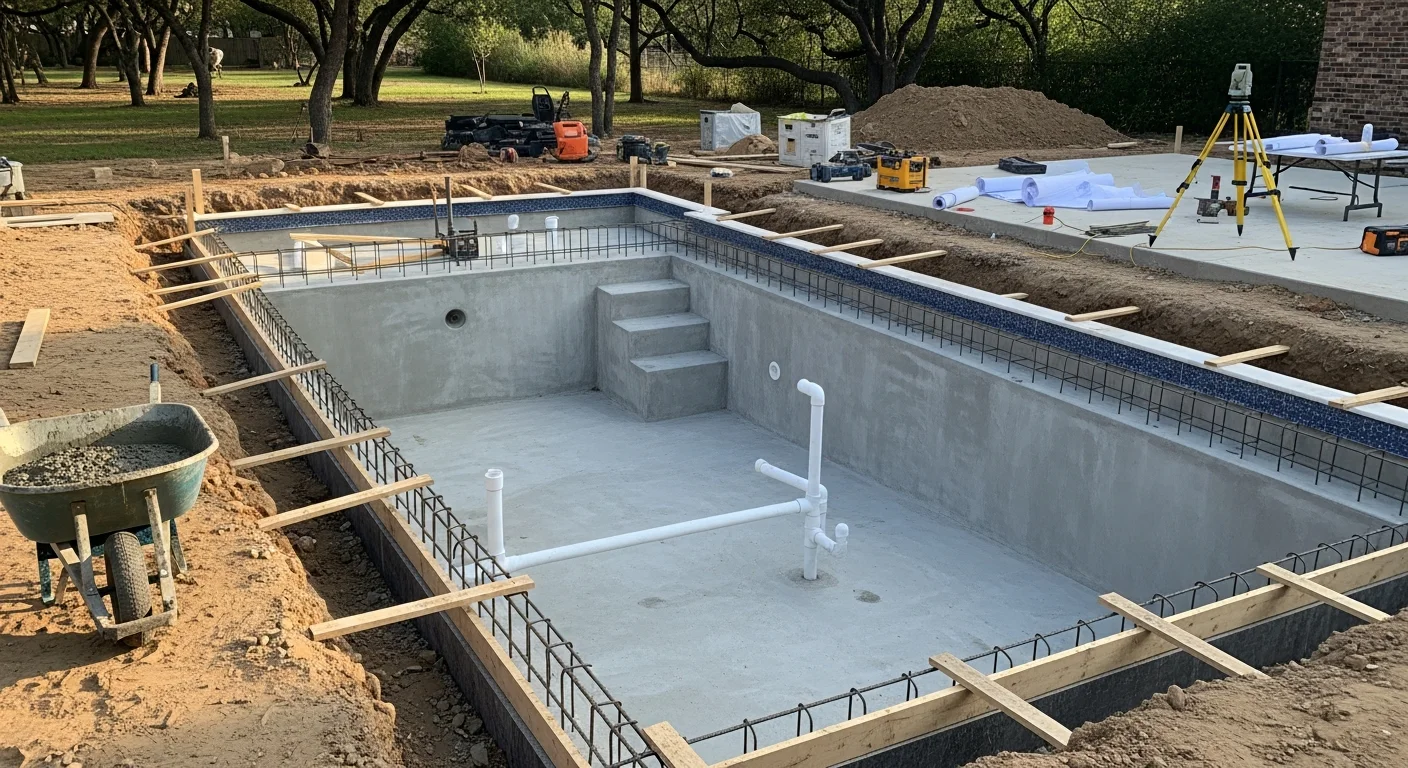 A newly constructed custom inground swimming pool in a Dallas, TX residential backyard, showing a finished concrete shell with pool decking and a code-compliant fence enclosure. The pool features clean geometric lines suited to a suburban Dallas lot with a flat landscape.