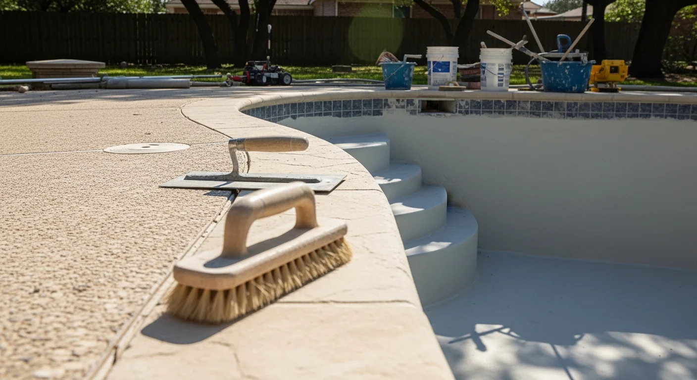 A freshly remodeled backyard swimming pool in Dallas, TX, showing new plaster interior finish, updated waterline tile, and a resurfaced concrete deck surrounding the pool. The pool is full of clear water under a bright Texas sky.