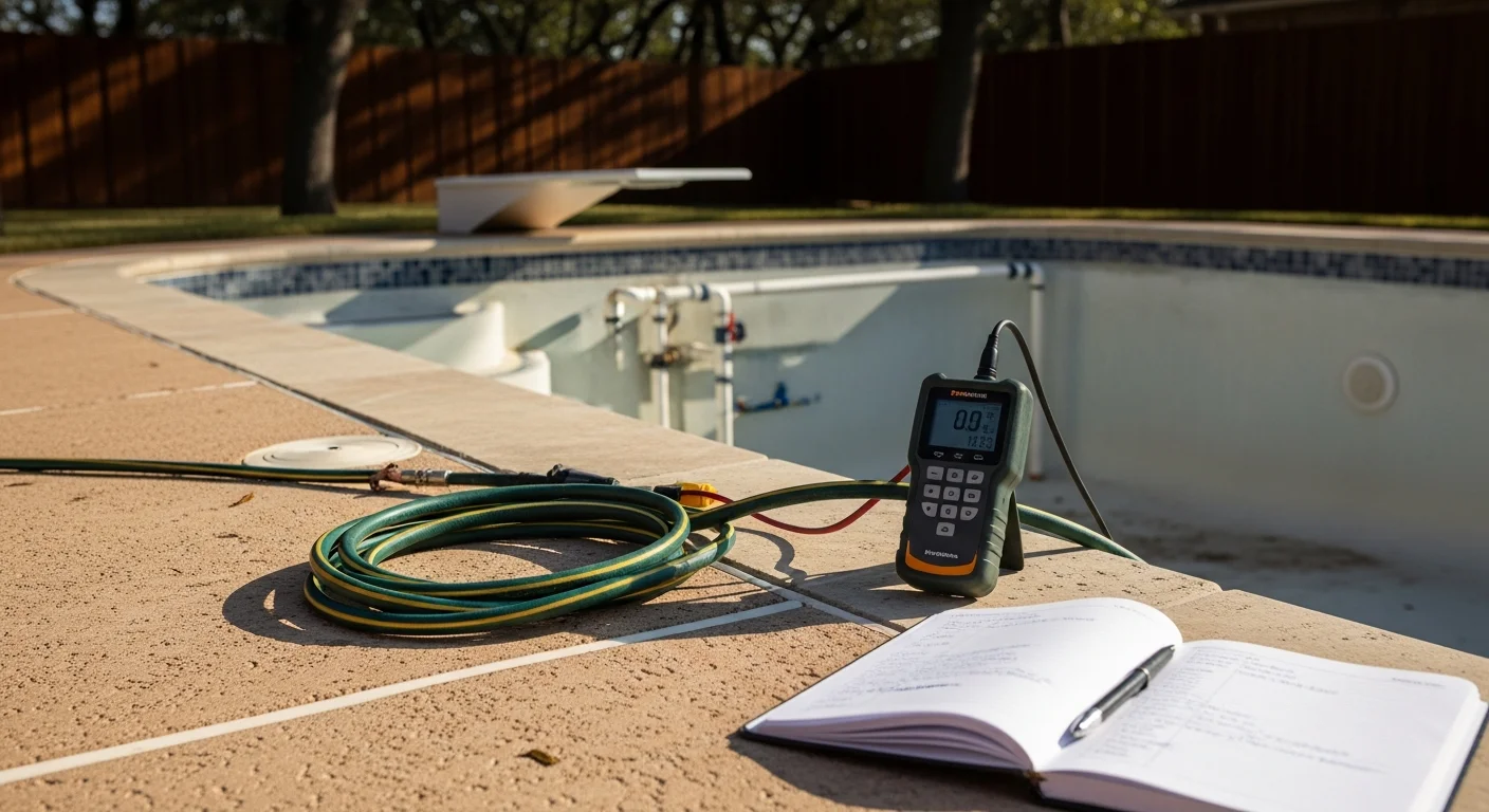 A Dallas backyard inground pool with clear blue water after a completed swimming pool repair, showing a functioning pump and equipment pad on a sunny Texas day. A pool contractor from FamousTxpoolsandconstruction inspects the repaired equipment pad beside the pool.